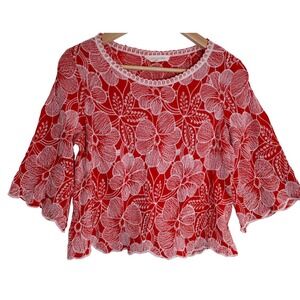 Solitaire Red White Floral Embroidered Crop Top Bell Sleeves Boho Chic Women S